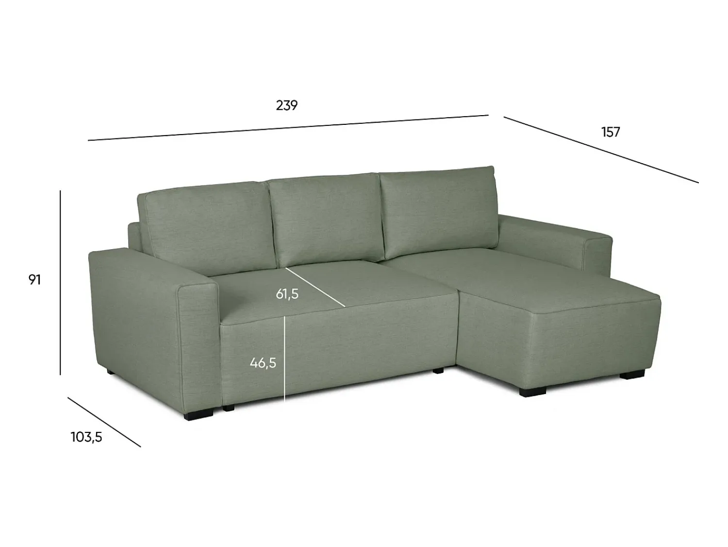 Outlet Sofá-cama 3 lugares - chaise longue reversível lado direito/esquerdoche com arrumação integrada (239 x 157 x 91 cm) - JADE Verde