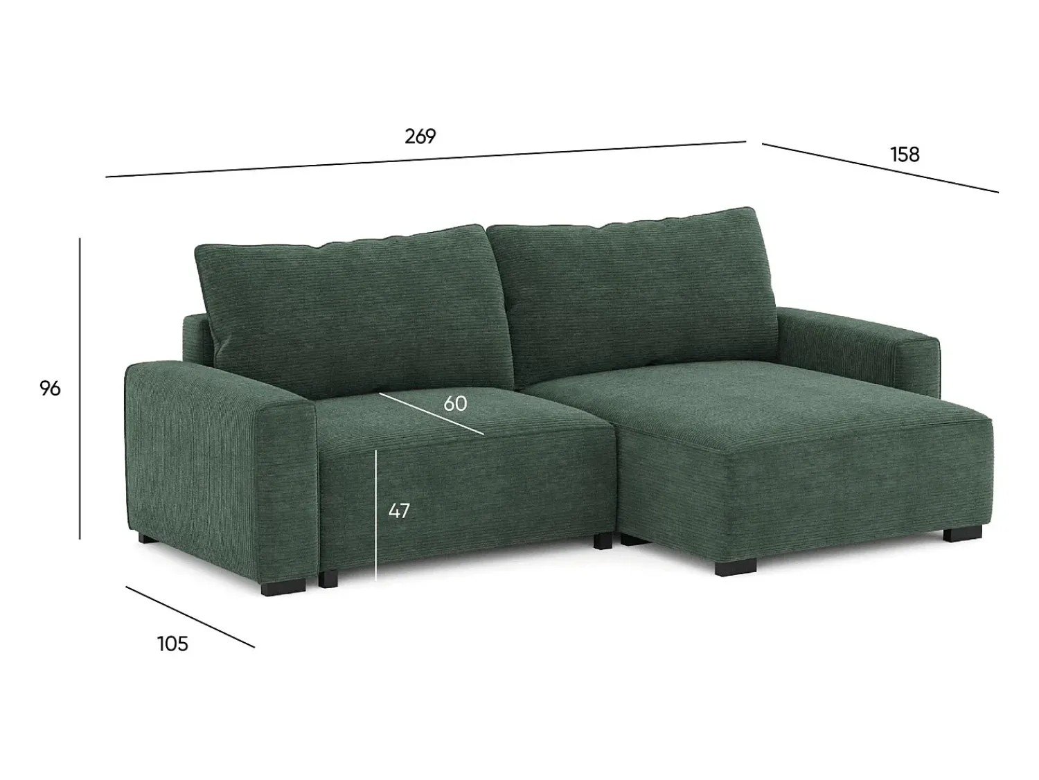 Sofá-cama 3 lugares Abeto - chaise reversível lado direito/esquerdoche com arrumação integrada (269 x 158 x 96 cm) - LAUREN^ Sofá