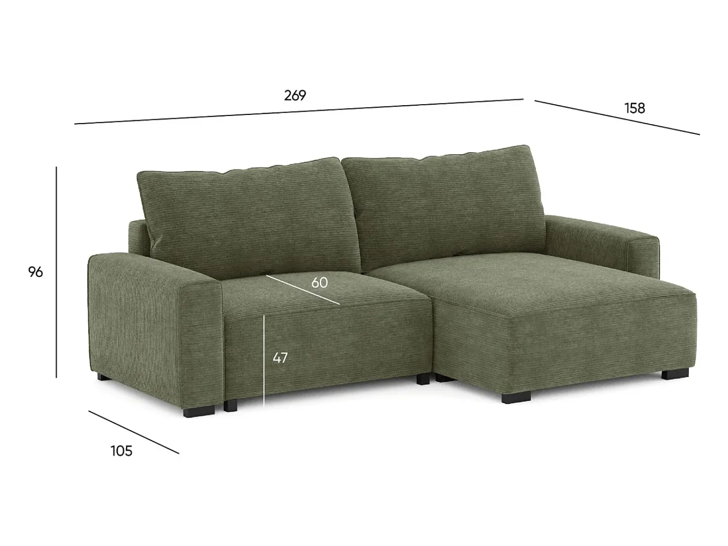 Sofá| Sofá-cama 3 lugares Verde Floresta - chaise reversível lado direito/esquerdoche com arrumação integrada (269 x 158 x 96 cm) - LAUREN Verde claro