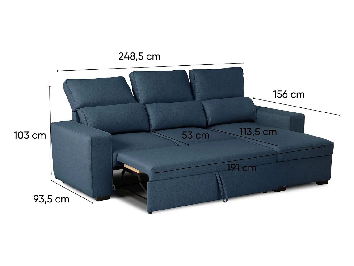 Sale Sofá-cama 3 places - chaise longue reversível lado direito/esquerdoche com arrumação integrada (248,5 x 117 x 103 cm) - HARPER Azul