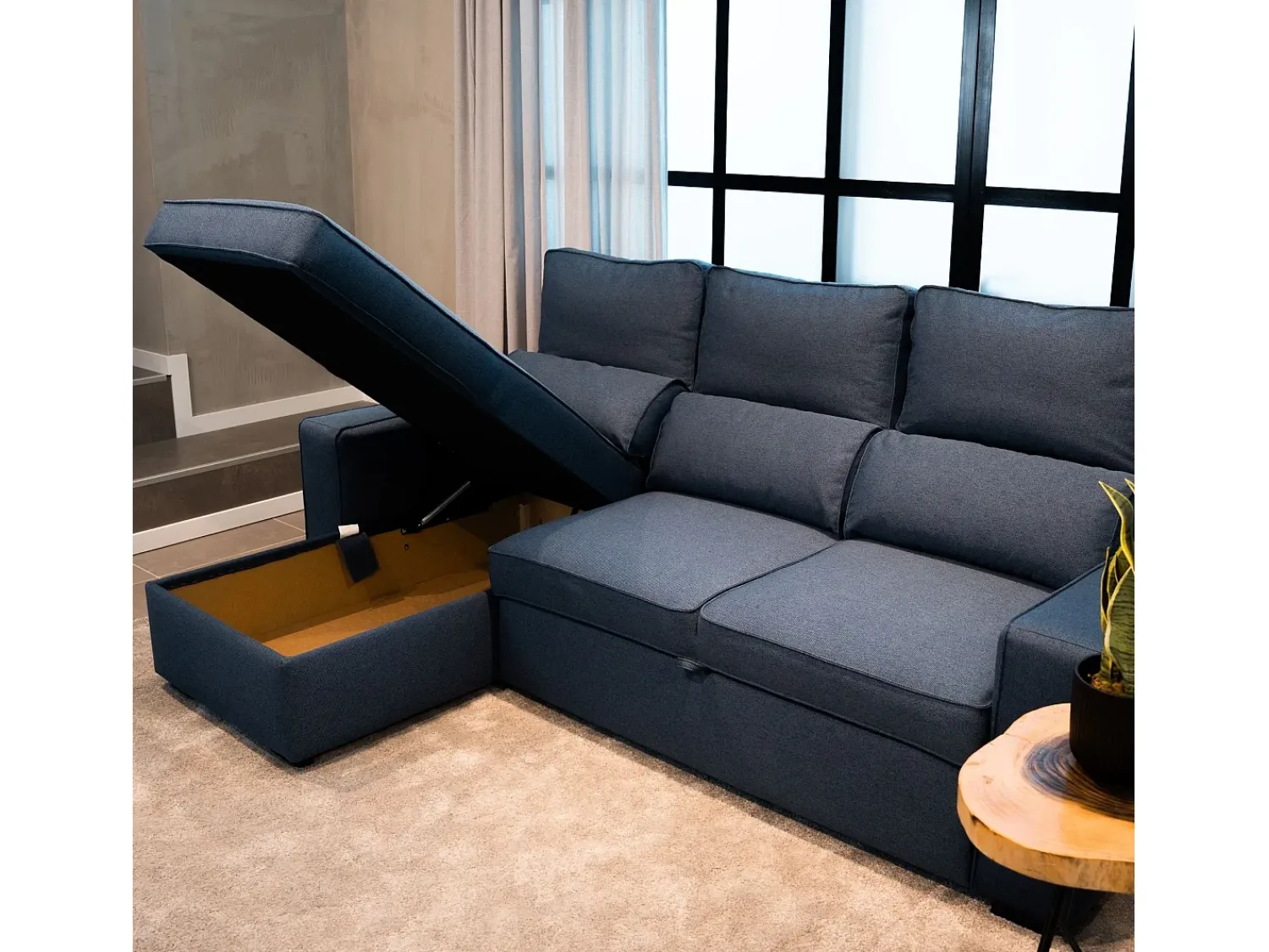 Sale Sofá-cama 3 places - chaise longue reversível lado direito/esquerdoche com arrumação integrada (248,5 x 117 x 103 cm) - HARPER Azul