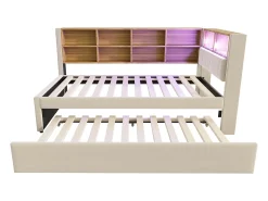 New Sofá-cama 90 x 200 cm, com iluminação LED, tomadas elétricas e diversos compartimentos de arrumação, . Bege
