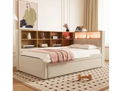 New Sofá-cama 90 x 200 cm, com iluminação LED, tomadas elétricas e diversos compartimentos de arrumação, . Bege