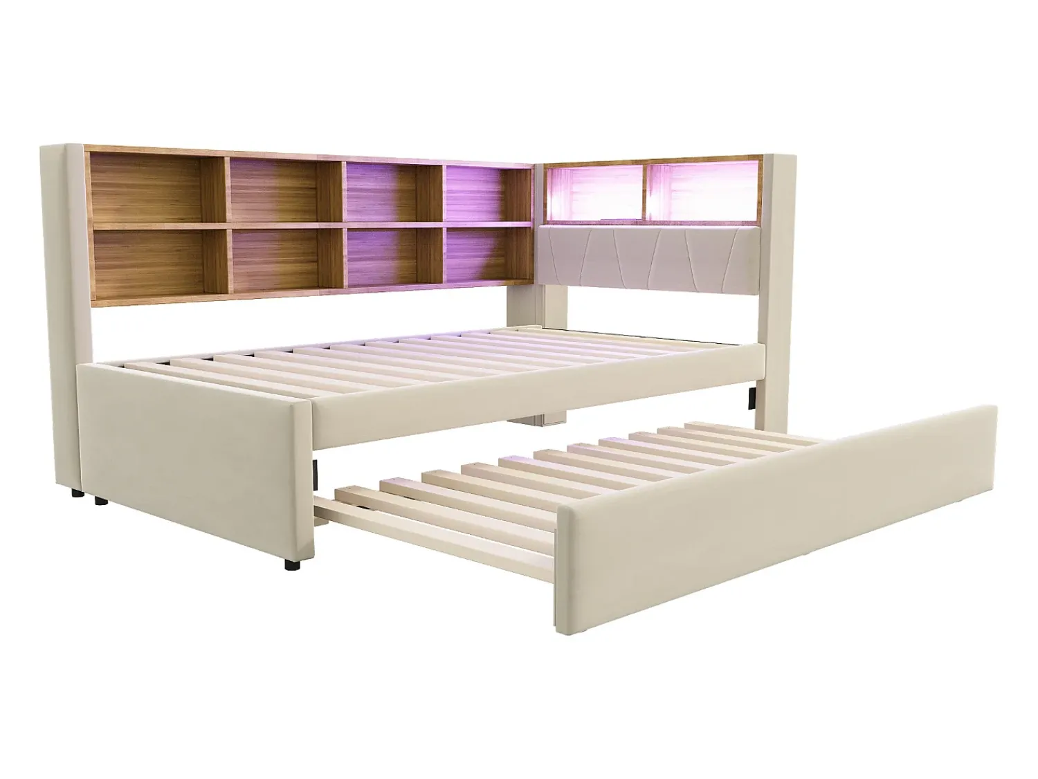New Sofá-cama 90 x 200 cm, com iluminação LED, tomadas elétricas e diversos compartimentos de arrumação, . Bege