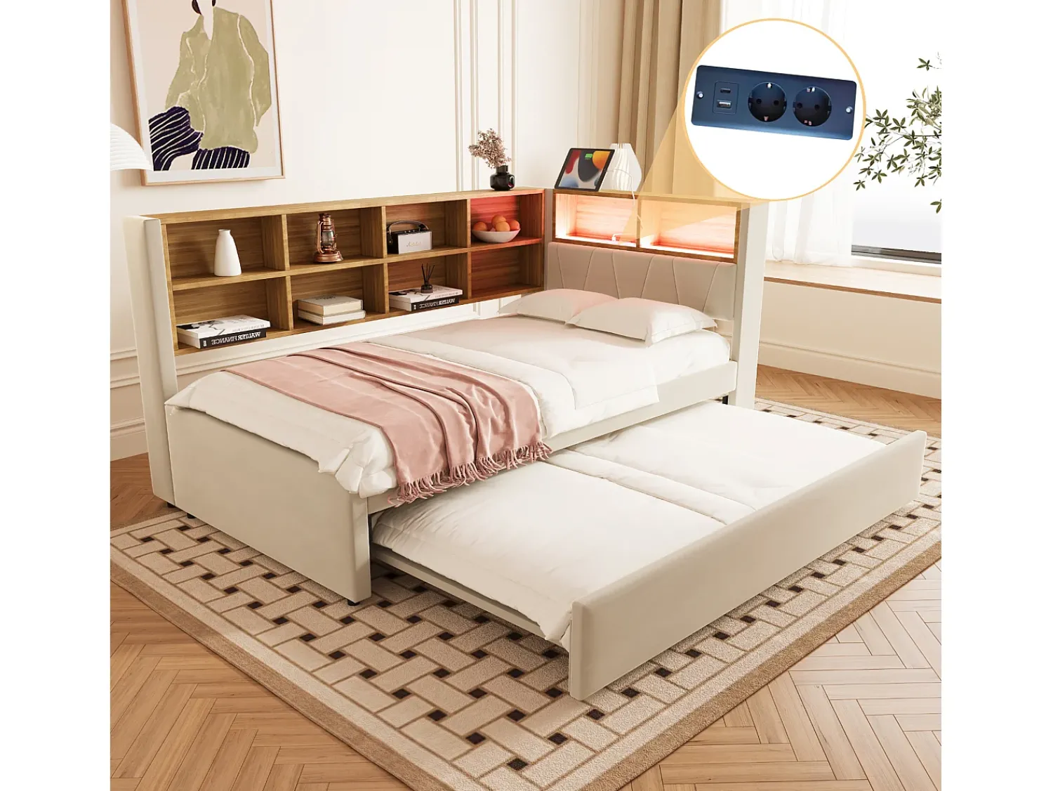 New Sofá-cama 90 x 200 cm, com iluminação LED, tomadas elétricas e diversos compartimentos de arrumação, . Bege
