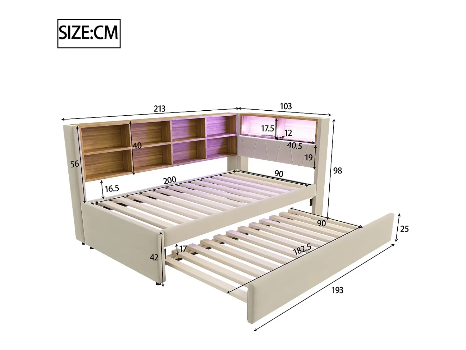 New Sofá-cama 90 x 200 cm, com iluminação LED, tomadas elétricas e diversos compartimentos de arrumação, . Bege