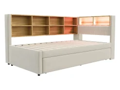 New Sofá-cama 90 x 200 cm, com iluminação LED, tomadas elétricas e diversos compartimentos de arrumação, . Bege