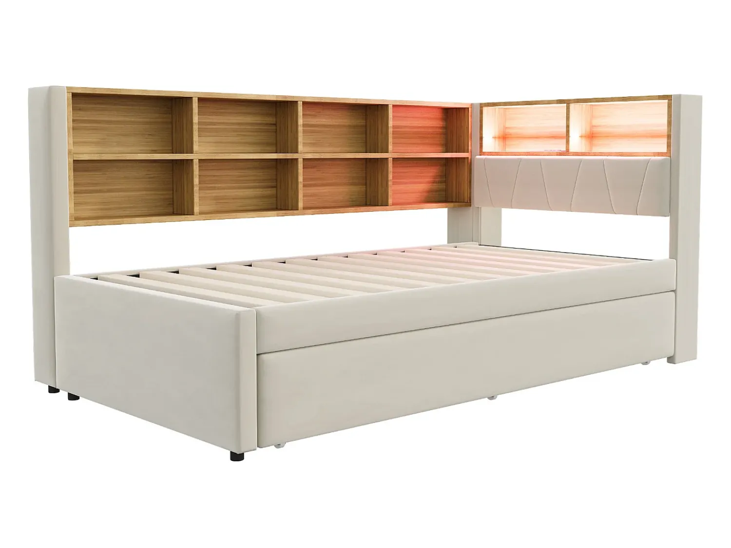 New Sofá-cama 90 x 200 cm, com iluminação LED, tomadas elétricas e diversos compartimentos de arrumação, . Bege