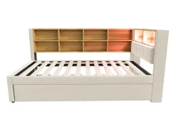 New Sofá-cama 90 x 200 cm, com iluminação LED, tomadas elétricas e diversos compartimentos de arrumação, . Bege