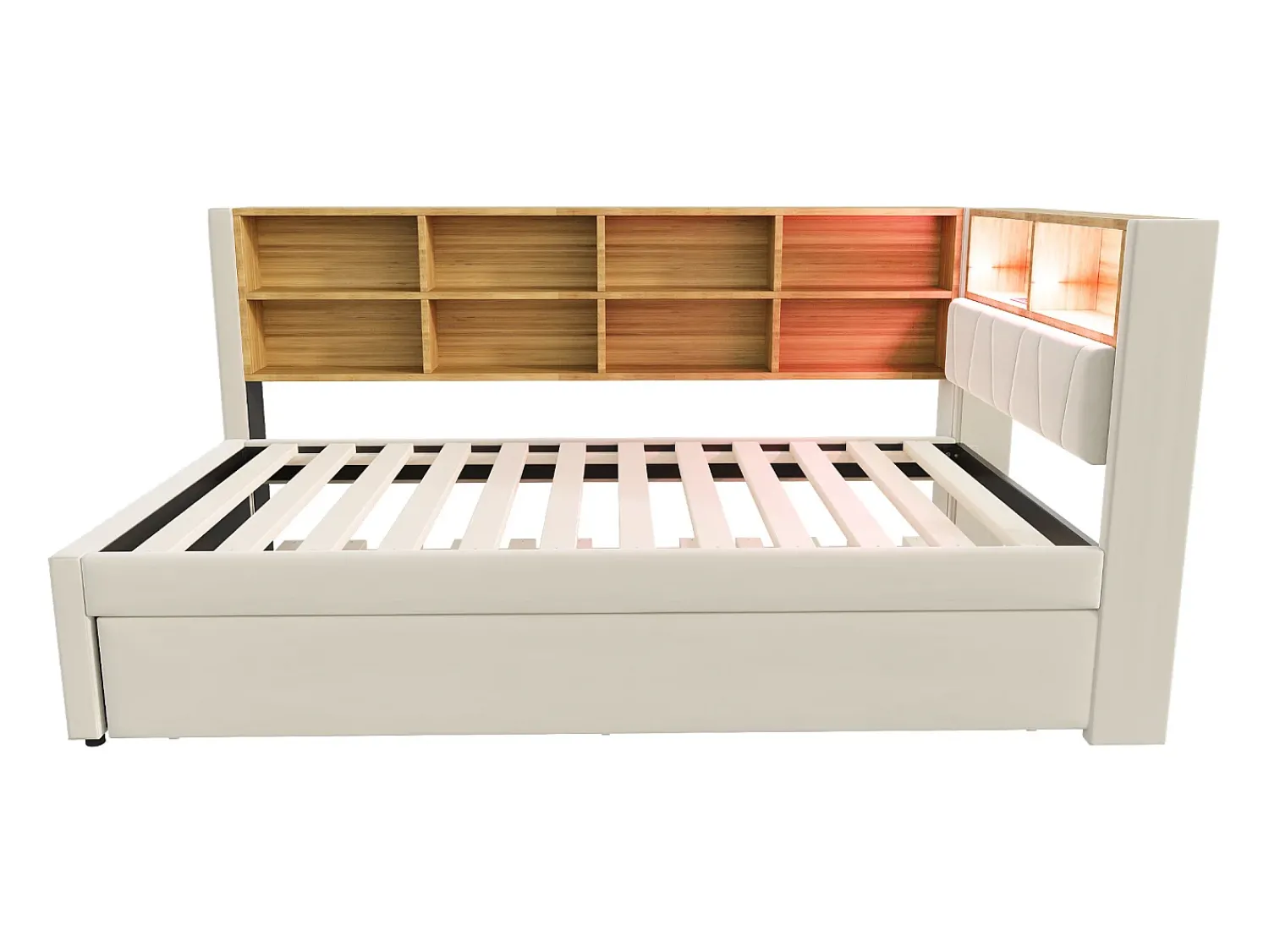 New Sofá-cama 90 x 200 cm, com iluminação LED, tomadas elétricas e diversos compartimentos de arrumação, . Bege