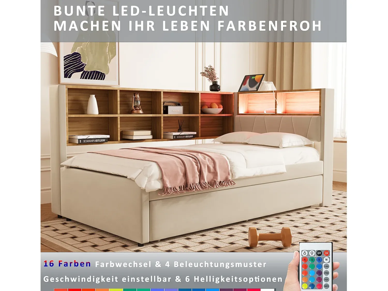 New Sofá-cama 90 x 200 cm, com iluminação LED, tomadas elétricas e diversos compartimentos de arrumação, . Bege