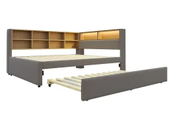 Sofá* Sofá-cama 140 x 200 cm, com iluminação LED, tomadas elétricas e diversos compartimentos de arrumação, cinza escuro. Cinzento