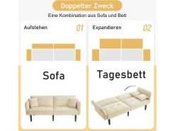 Sofá|Merax Sofá-cama ajustável 2 em 1 - 176 x 78 x 76 cm - 2 lugares - com braços dobráveis - Veludo - Bege