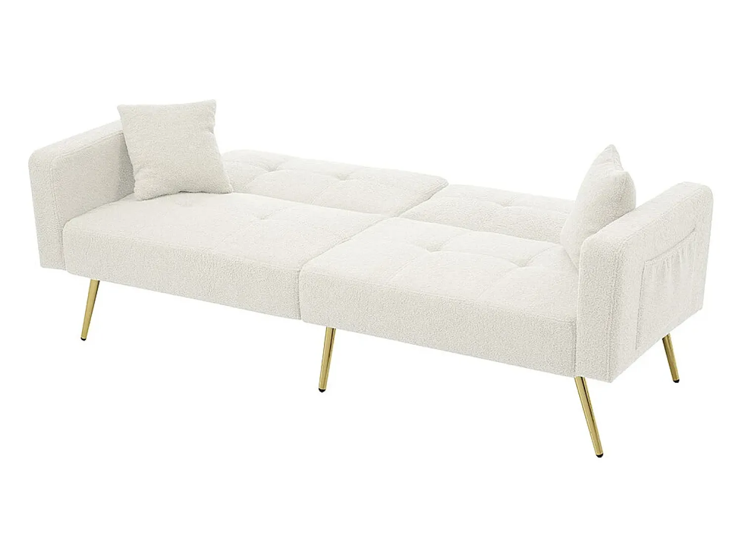 Sofá|KOMHTOM Sofá-cama com função de cama, ângulo regulável, pés dourados, com almofadas e bolsas de arrumação laterais Branco
