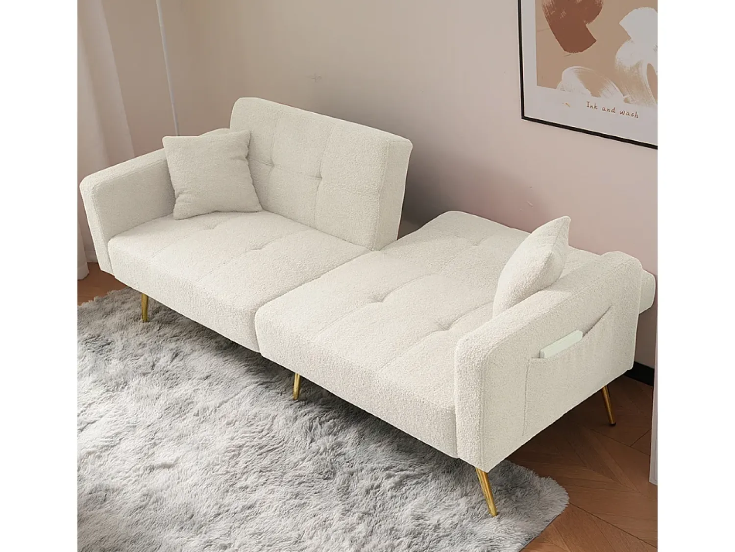 Sofá|KOMHTOM Sofá-cama com função de cama, ângulo regulável, pés dourados, com almofadas e bolsas de arrumação laterais Branco