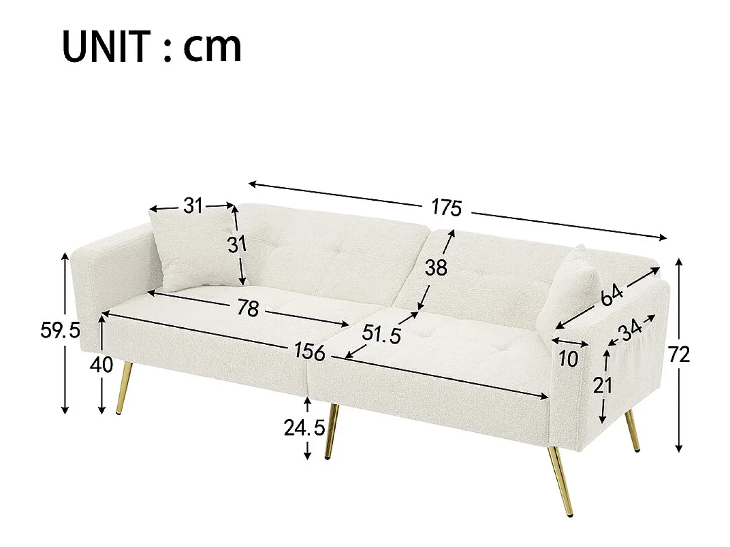 Sofá|KOMHTOM Sofá-cama com função de cama, ângulo regulável, pés dourados, com almofadas e bolsas de arrumação laterais Branco