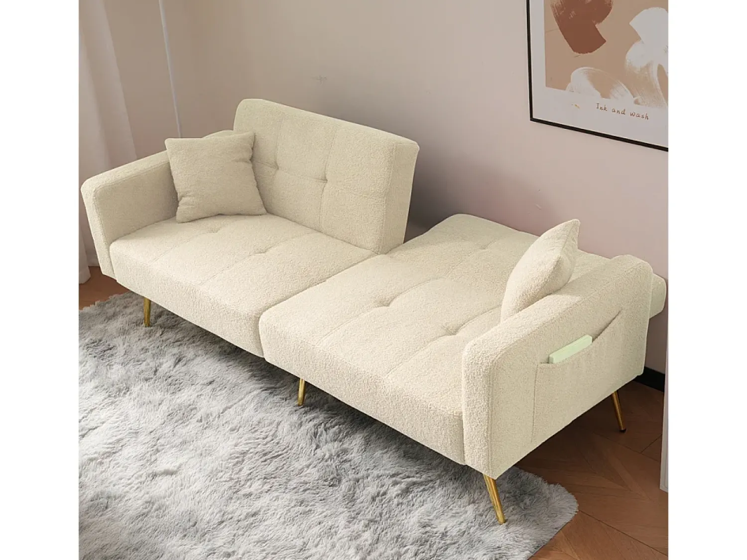 KOMHTOM Sofá-cama com função de cama, ângulo regulável, pés dourados, com almofadas e bolsas de arrumação laterais,^ Sofá