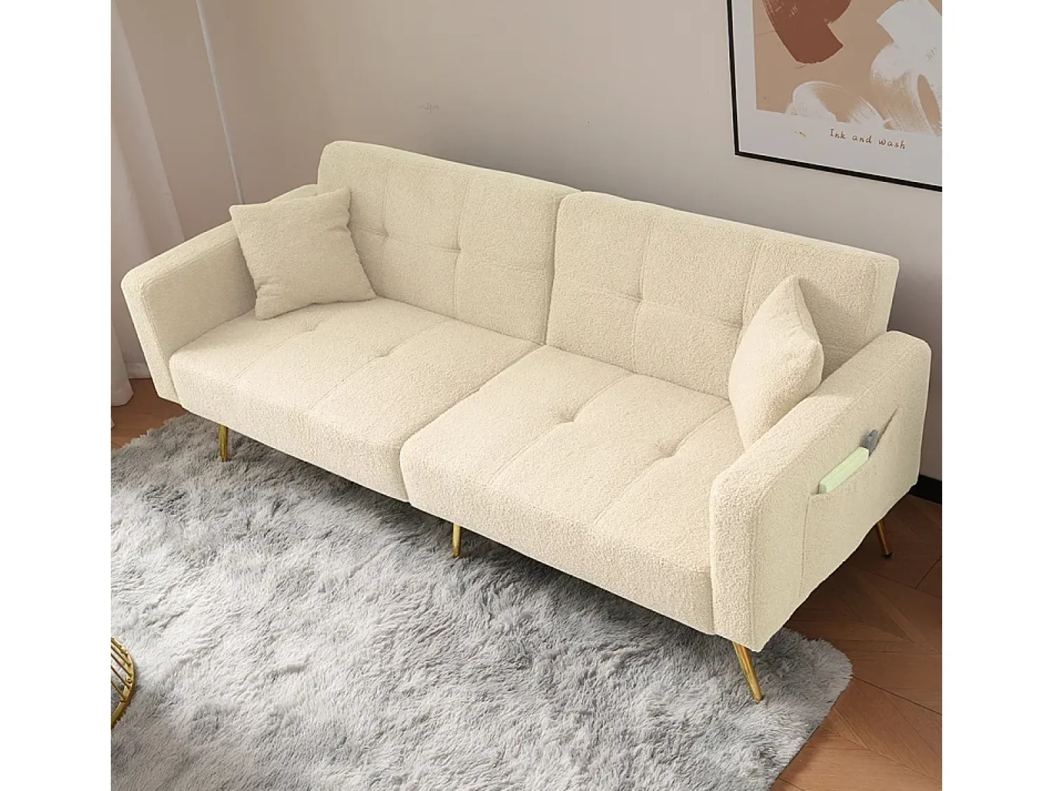 KOMHTOM Sofá-cama com função de cama, ângulo regulável, pés dourados, com almofadas e bolsas de arrumação laterais,^ Sofá