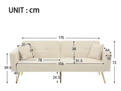 KOMHTOM Sofá-cama com função de cama, ângulo regulável, pés dourados, com almofadas e bolsas de arrumação laterais,^ Sofá