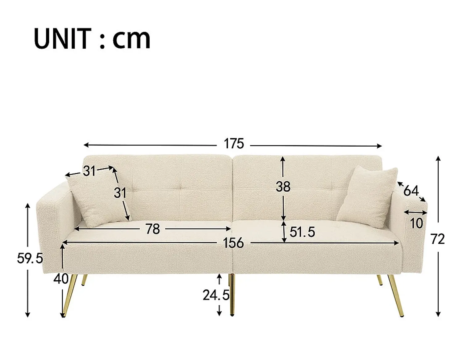 KOMHTOM Sofá-cama com função de cama, ângulo regulável, pés dourados, com almofadas e bolsas de arrumação laterais,^ Sofá