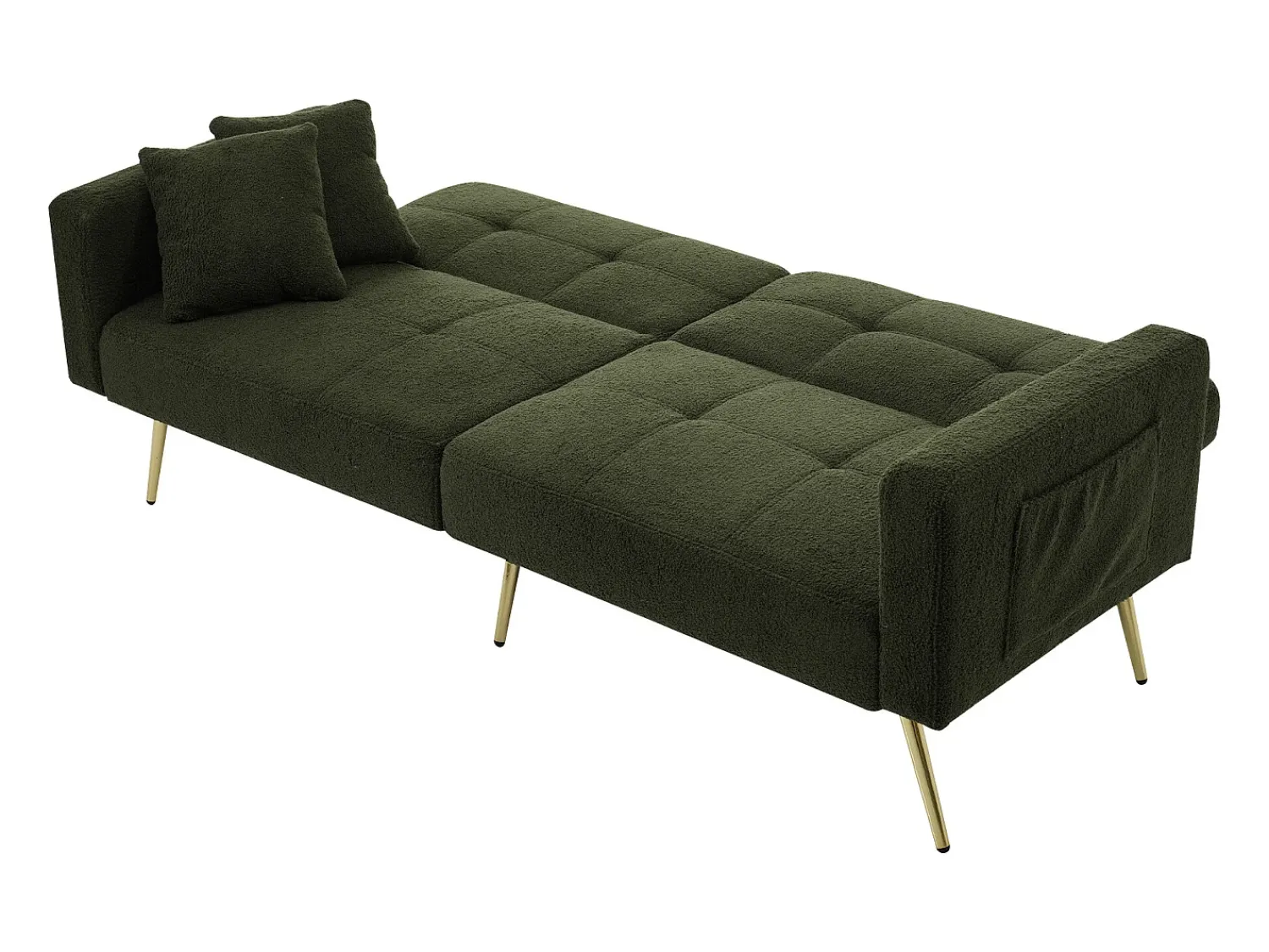 Sofá-cama com função de cama, ângulo ajustável, pernas douradas, com almofadas e bolsos laterais de arrumação^ Sofá