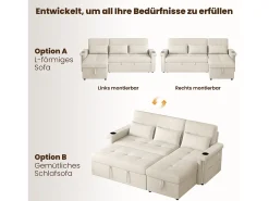 Sofá*Merax Sofá-cama conversível - 209 x 141,5 x 90 cm - com LEDs + USB + encosto ajustável + espaço de armazenamento - Chenille - Bege
