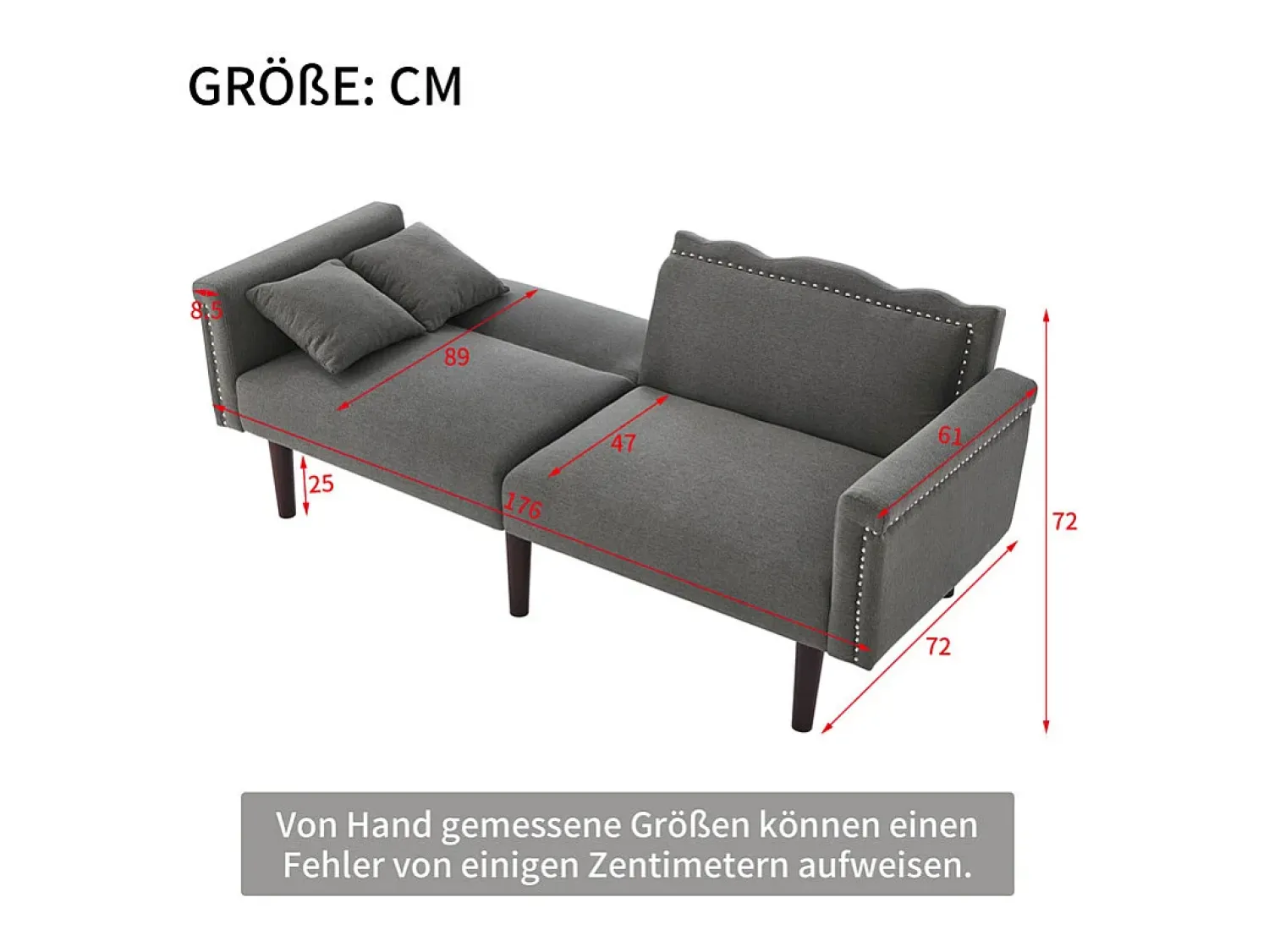 DripeX Sofá-cama conversível - com encostos ajustáveis independentes e 2 almofadas - tecido de linho algodão - 176x72/89x72cm - Cinza^ Sofá