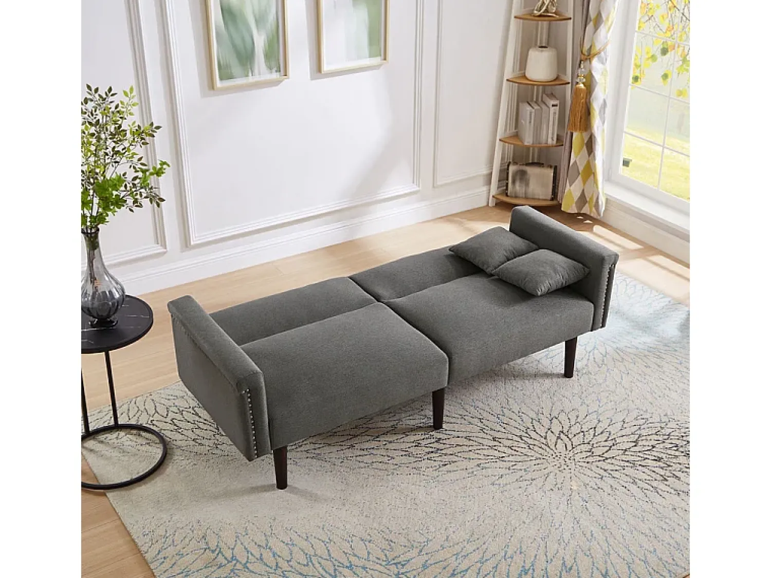 DripeX Sofá-cama conversível - com encostos ajustáveis independentes e 2 almofadas - tecido de linho algodão - 176x72/89x72cm - Cinza^ Sofá