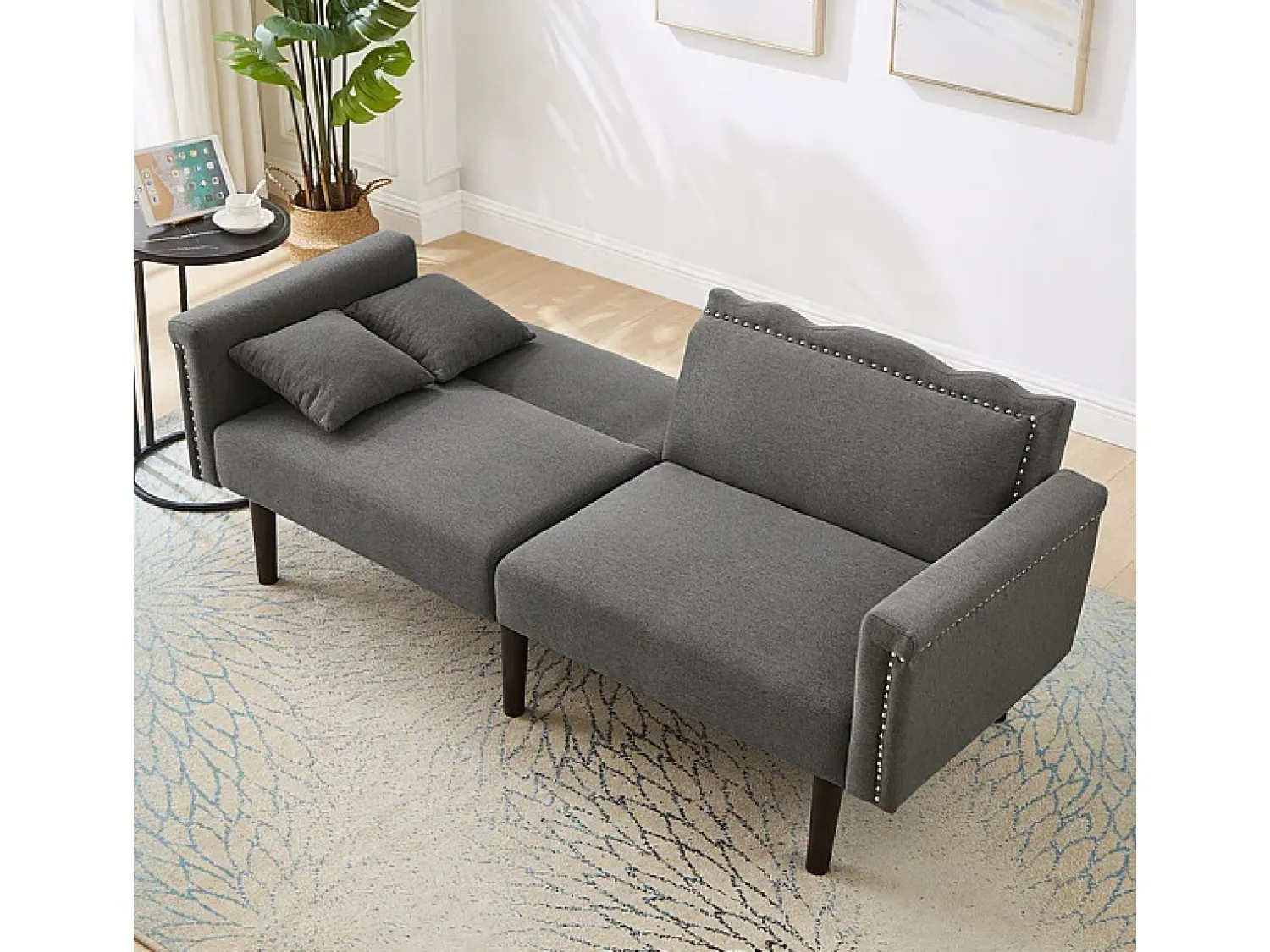 DripeX Sofá-cama conversível - com encostos ajustáveis independentes e 2 almofadas - tecido de linho algodão - 176x72/89x72cm - Cinza^ Sofá