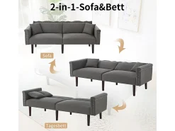 DripeX Sofá-cama conversível - com encostos ajustáveis independentes e 2 almofadas - tecido de linho algodão - 176x72/89x72cm - Cinza^ Sofá