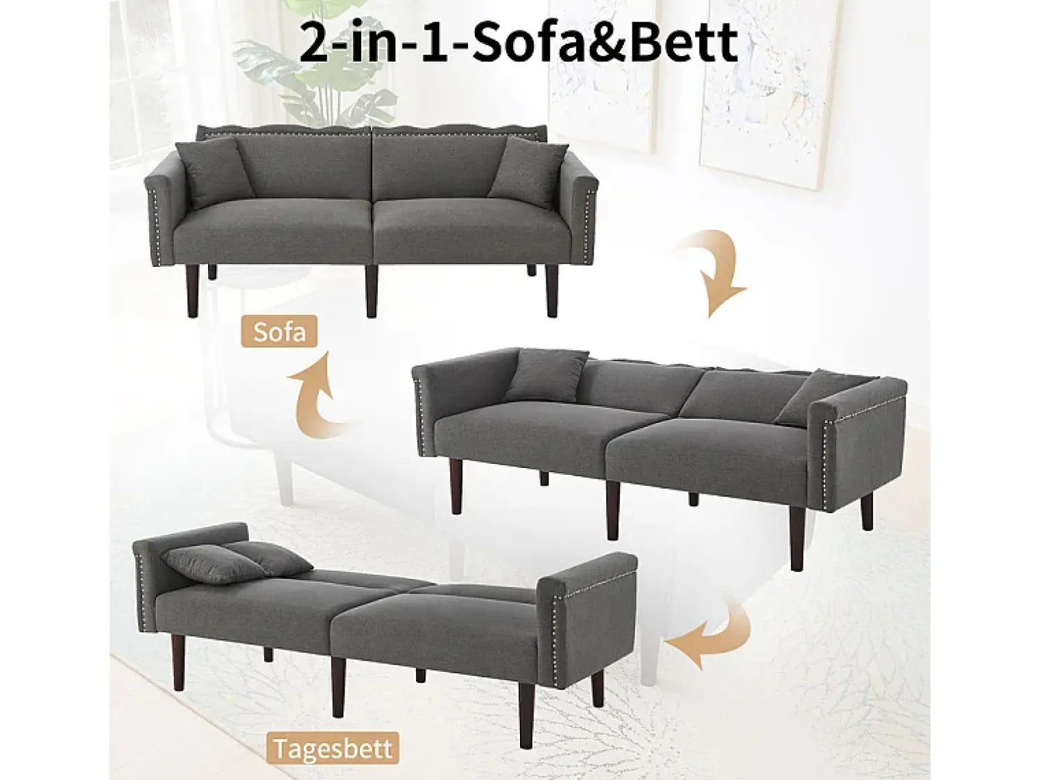 DripeX Sofá-cama conversível - com encostos ajustáveis independentes e 2 almofadas - tecido de linho algodão - 176x72/89x72cm - Cinza^ Sofá