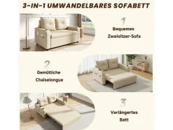 Merax Sofá-cama conversível 3 em 1 - 131 x 81 x 94 cm - com porta-copos + almofadas + porta USB - Algodão e linho -^ Sofá