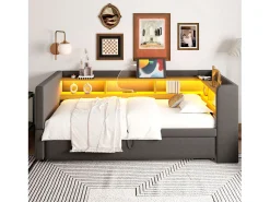 Sofá* Sofá-cama conversível de 2 lugares, 180 x 190 cm, com LED e USB, estofado com espaço de armazenamento, cinza escuro. Cinzento