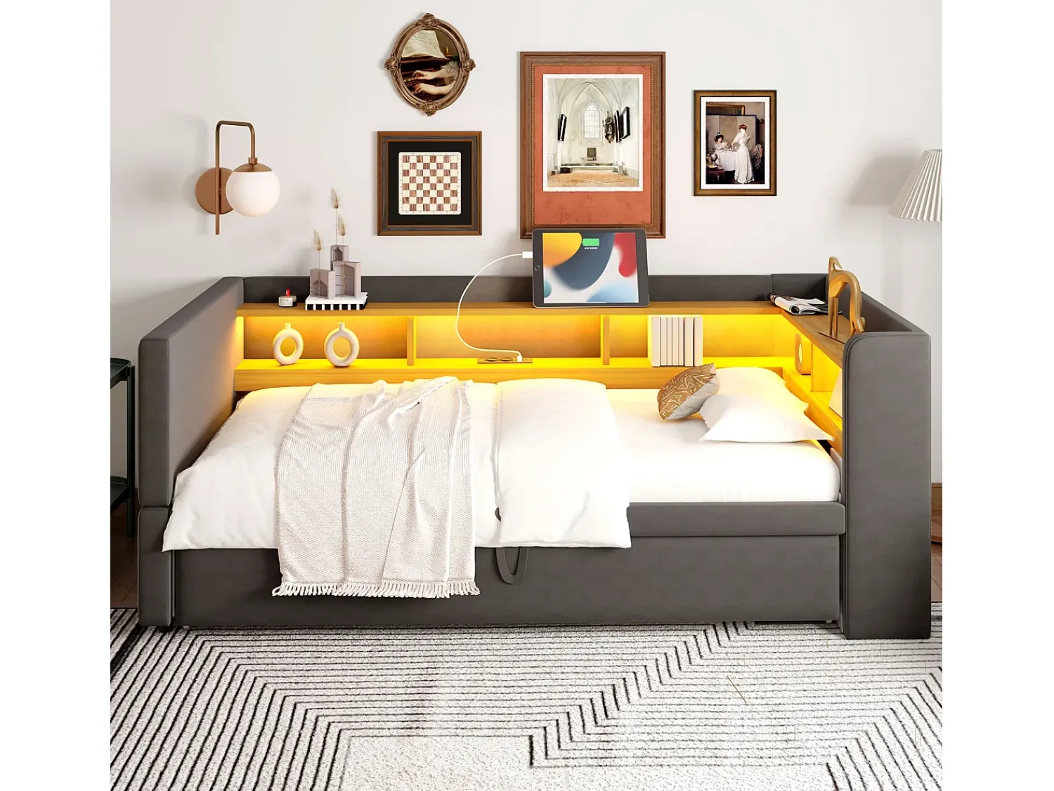 Sofá* Sofá-cama conversível de 2 lugares, 180 x 190 cm, com LED e USB, estofado com espaço de armazenamento, cinza escuro. Cinzento