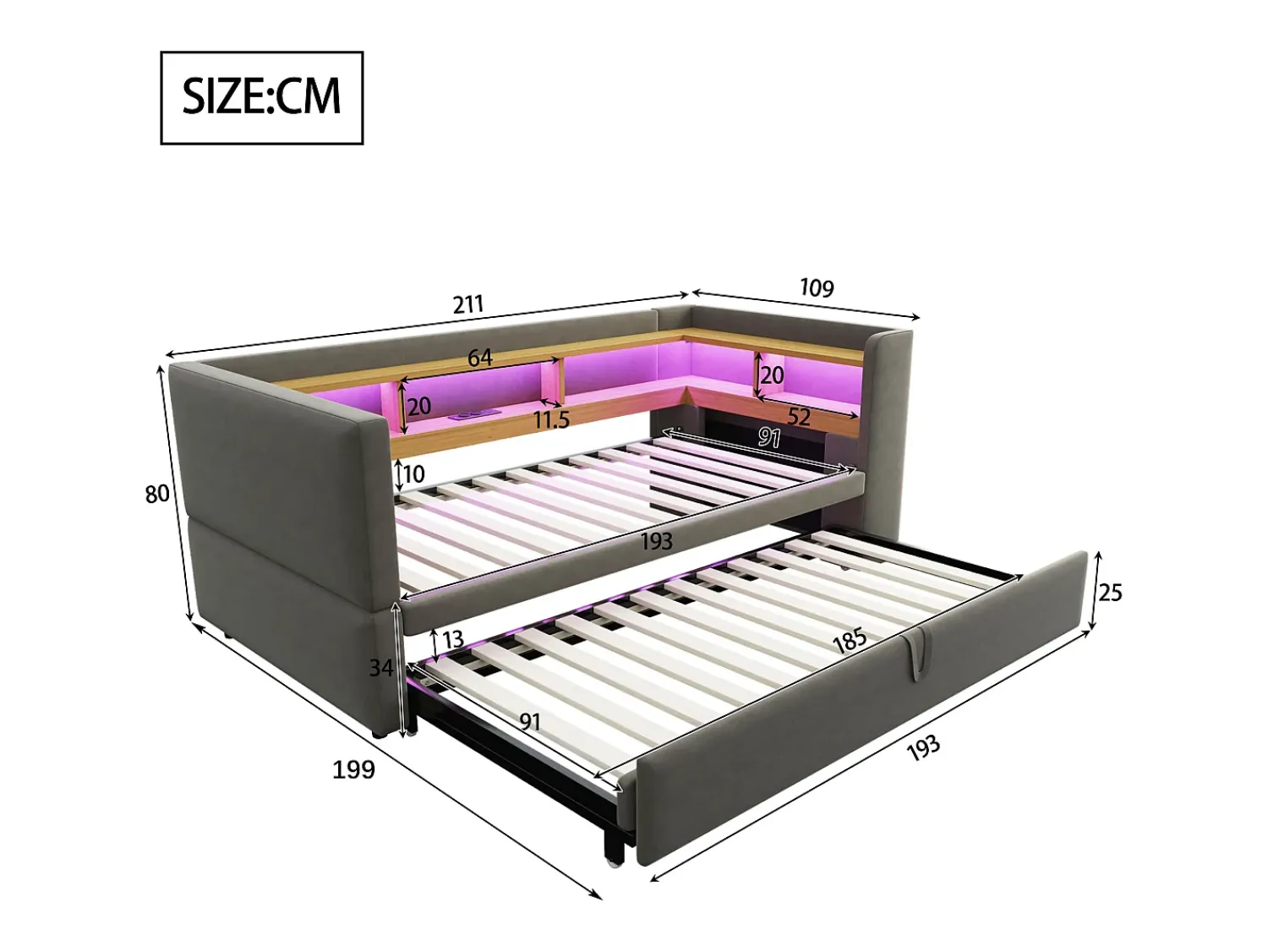 Sofá* Sofá-cama conversível de 2 lugares, 180 x 190 cm, com LED e USB, estofado com espaço de armazenamento, cinza escuro. Cinzento