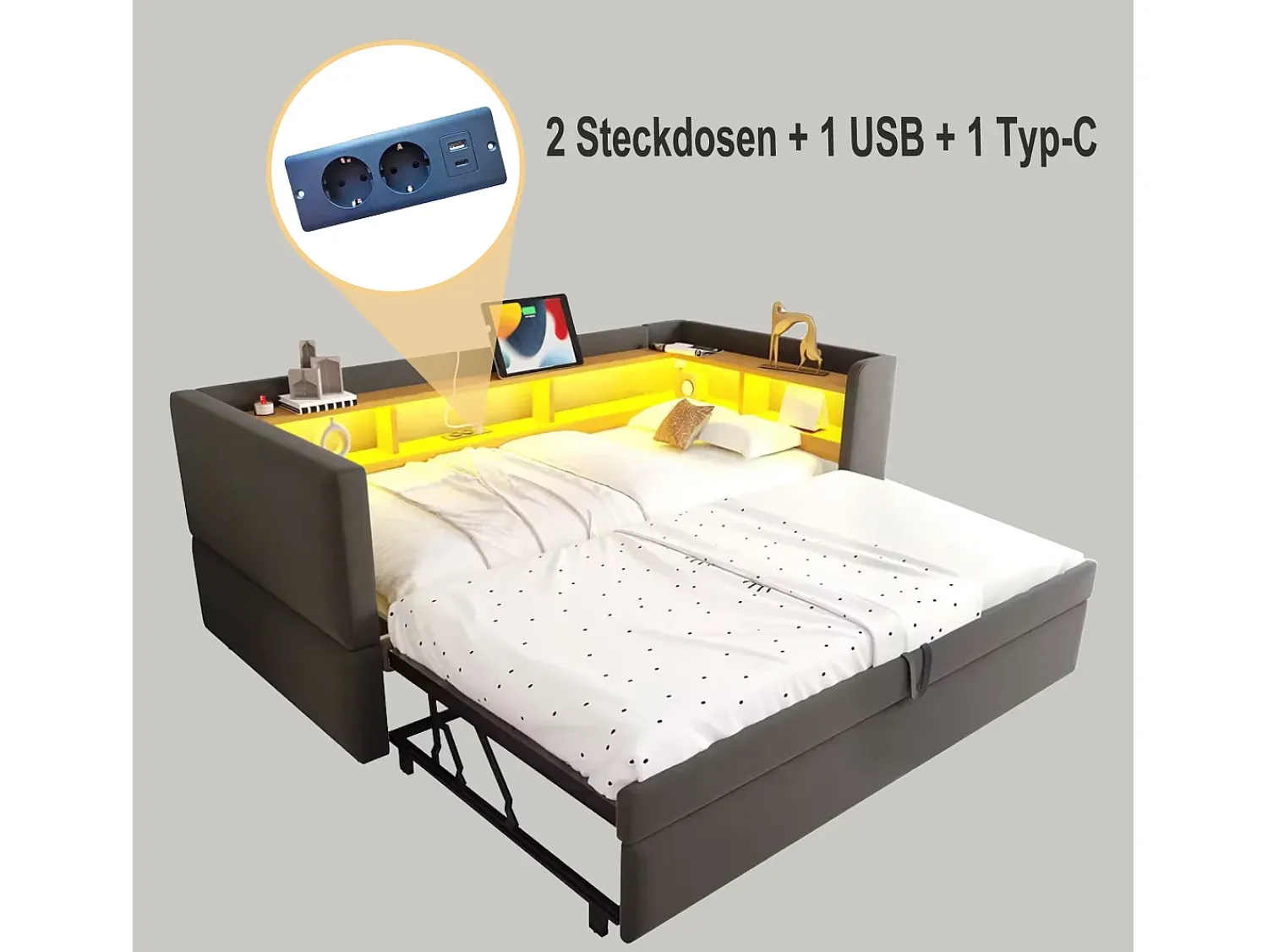 Sofá* Sofá-cama conversível de 2 lugares, 180 x 190 cm, com LED e USB, estofado com espaço de armazenamento, cinza escuro. Cinzento