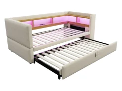 Clearance Sofá-cama conversível de 2 lugares, 180 x 190 cm, com LED e USB, estofado com espaço de armazenamento, . Bege