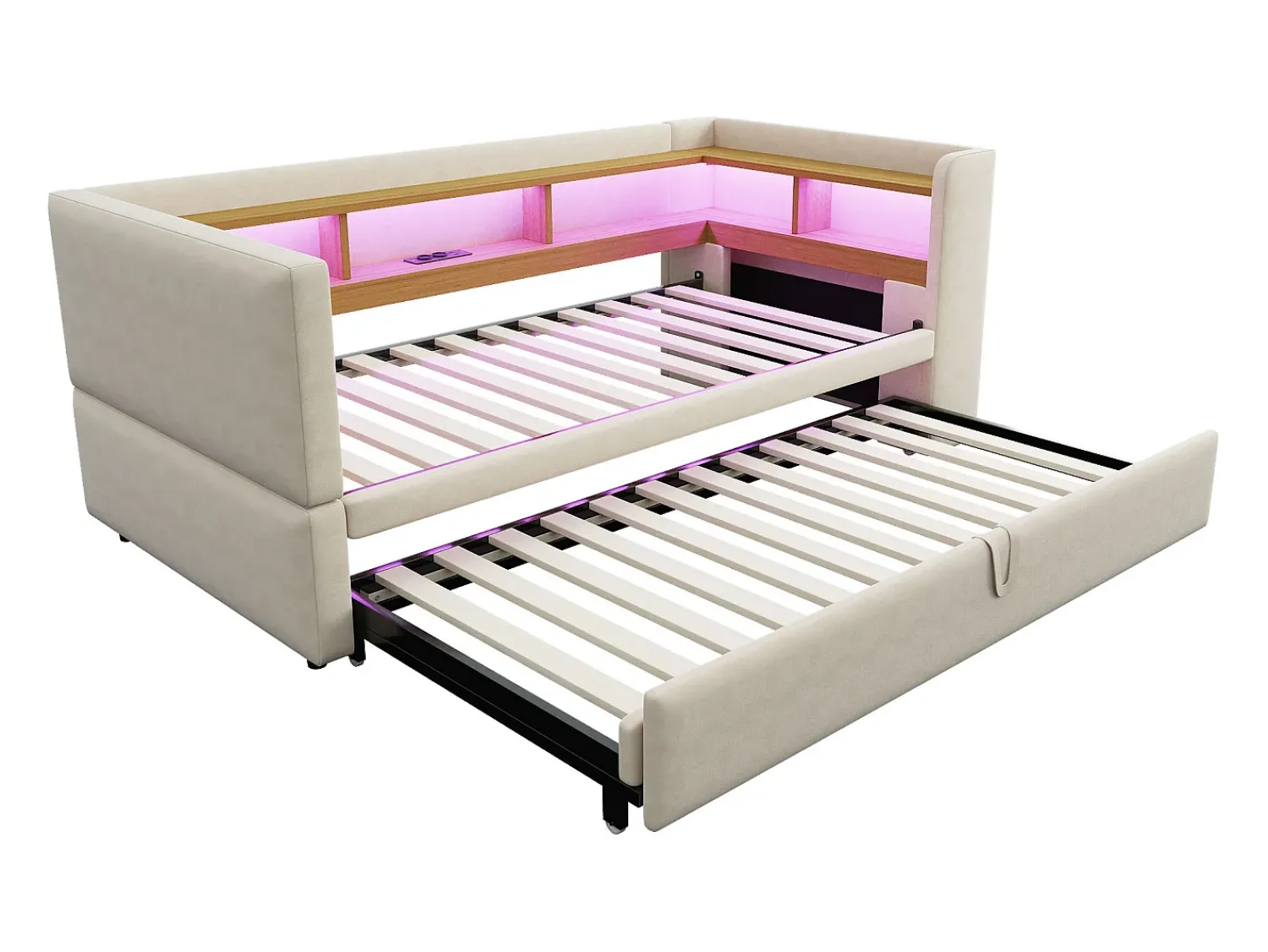 Clearance Sofá-cama conversível de 2 lugares, 180 x 190 cm, com LED e USB, estofado com espaço de armazenamento, . Bege