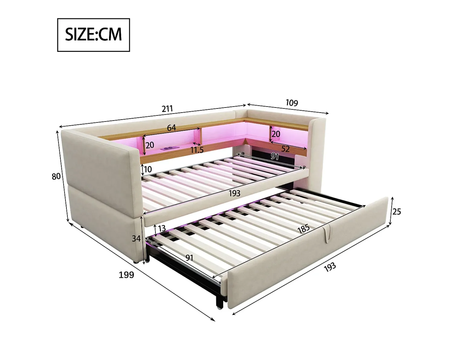 Clearance Sofá-cama conversível de 2 lugares, 180 x 190 cm, com LED e USB, estofado com espaço de armazenamento, . Bege