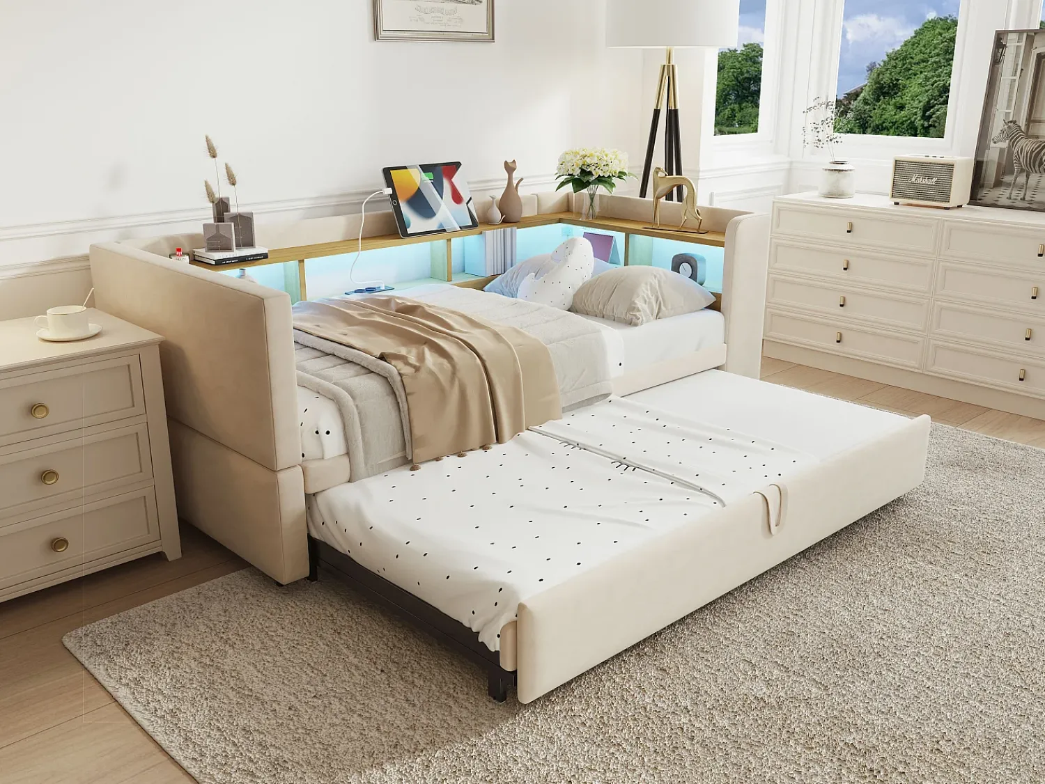 Clearance Sofá-cama conversível de 2 lugares, 180 x 190 cm, com LED e USB, estofado com espaço de armazenamento, . Bege
