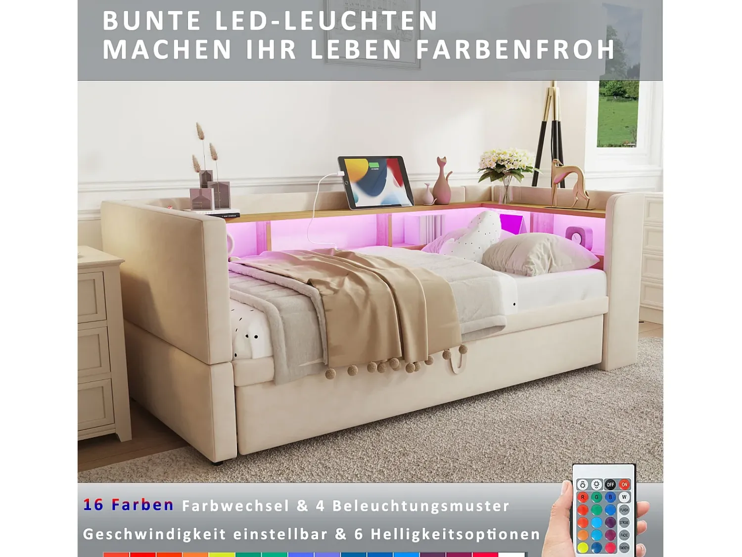 Clearance Sofá-cama conversível de 2 lugares, 180 x 190 cm, com LED e USB, estofado com espaço de armazenamento, . Bege