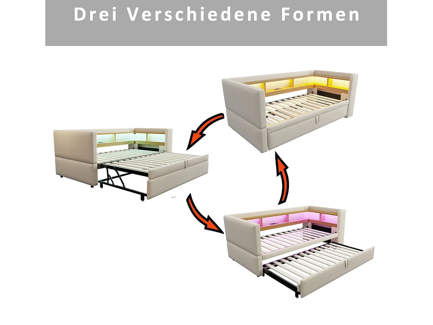 Clearance Sofá-cama conversível de 2 lugares, 180 x 190 cm, com LED e USB, estofado com espaço de armazenamento, . Bege