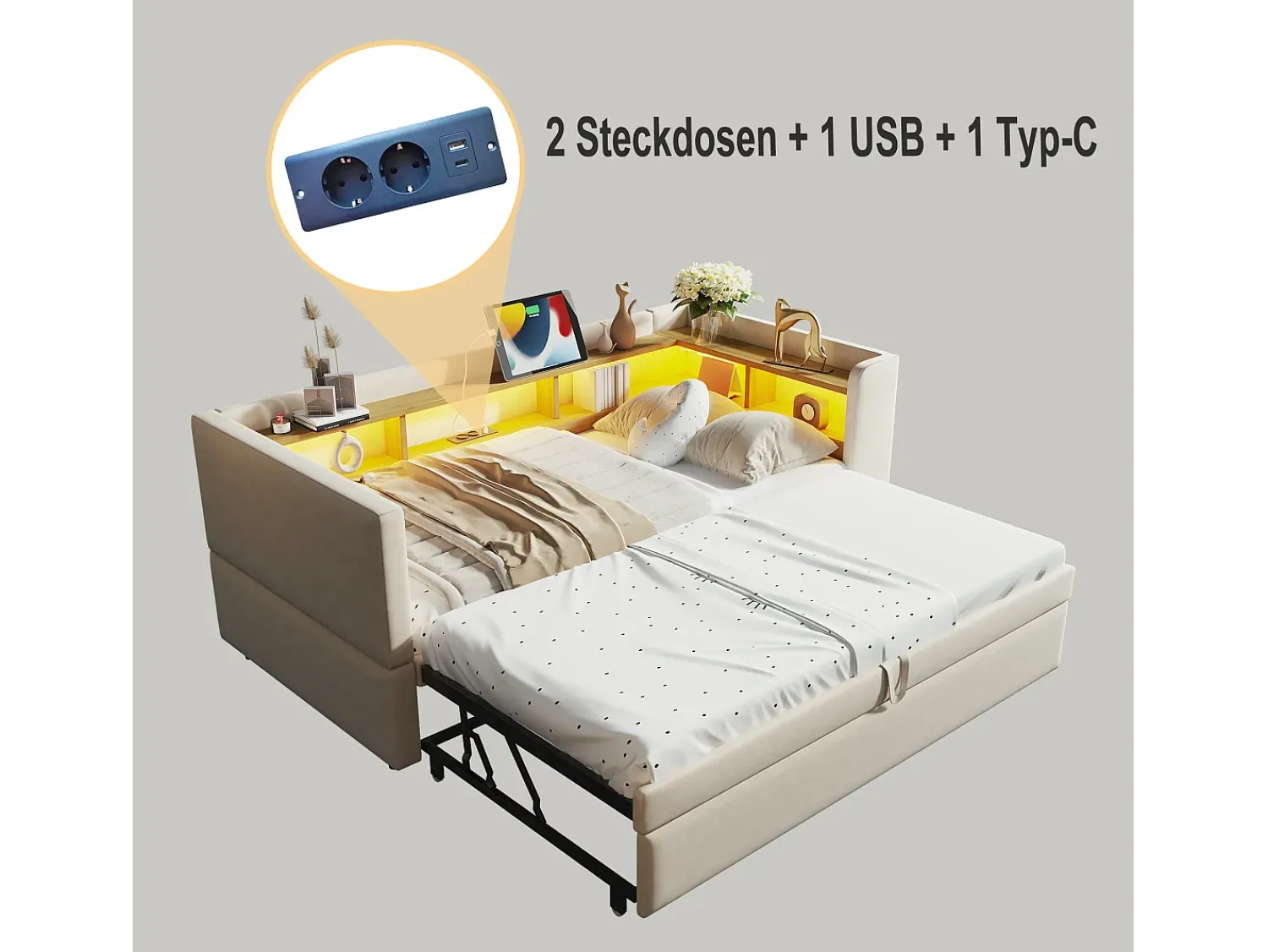 Clearance Sofá-cama conversível de 2 lugares, 180 x 190 cm, com LED e USB, estofado com espaço de armazenamento, . Bege