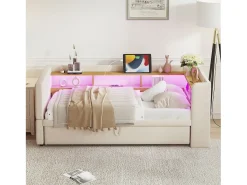 Clearance Sofá-cama conversível de 2 lugares, 180 x 190 cm, com LED e USB, estofado com espaço de armazenamento, . Bege