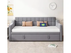 Sofá-cama conversível de 2 lugares com espaço de armazenamento e tomada elétrica, 90/180x190cm com cama auxiliar, cinza^ Sofá