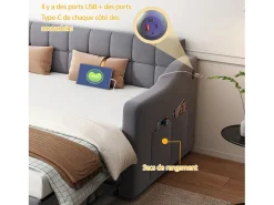 Sofá-cama conversível de 2 lugares com espaço de armazenamento e tomada elétrica, 90/180x190cm com cama auxiliar, cinza^ Sofá