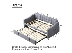 Sofá-cama conversível de 2 lugares com espaço de armazenamento e tomada elétrica, 90/180x190cm com cama auxiliar, cinza^ Sofá