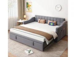 Sofá-cama conversível de 2 lugares com espaço de armazenamento e tomada elétrica, 90/180x190cm com cama auxiliar, cinza^ Sofá