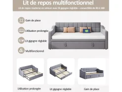Sofá-cama conversível de 2 lugares com espaço de armazenamento e tomada elétrica, 90/180x190cm com cama auxiliar, cinza^ Sofá