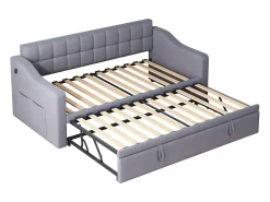 Sofá-cama conversível de 2 lugares com espaço de armazenamento e tomada elétrica, 90/180x190cm com cama auxiliar, cinza^ Sofá